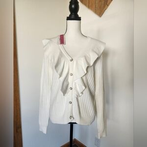 ANDREE BY UNIT Ivory Ruffle Front Cardigan, SZ. Medium: NEVER WORN: NWT